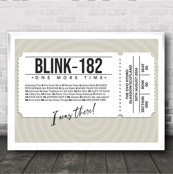 Blink-182 - Concert Setlist Gig Poster Print Canvas White Ticket - The OVO Hydro Glasgow Scotland - Aug 30th 2024