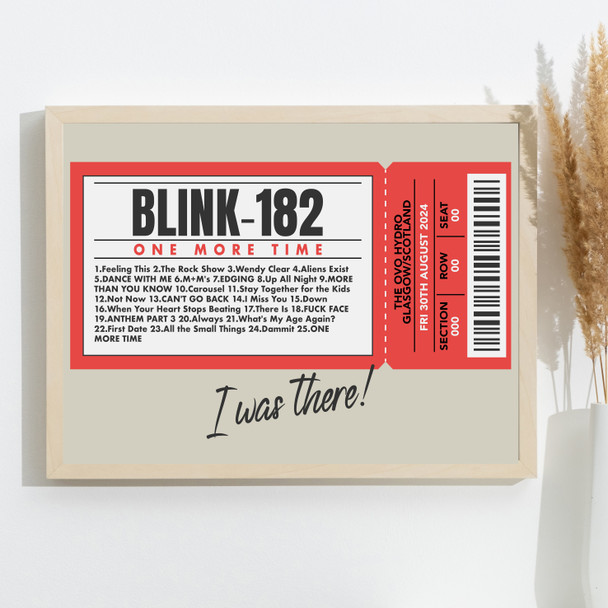 Blink-182 - Concert Setlist Gig Poster Print Canvas Red Ticket - The OVO Hydro Glasgow Scotland - Aug 30th 2024
