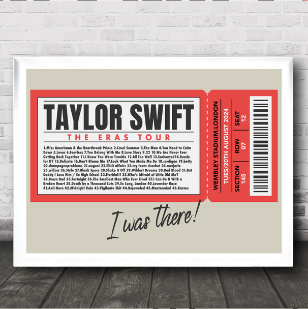 Taylor Swift - Concert Setlist Gig Poster Print Canvas Red Ticket - Wembley London England - Aug 20 2024