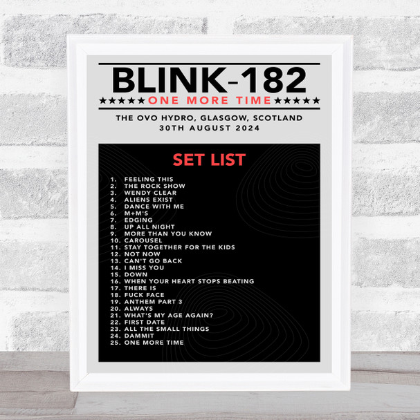 Blink-182 - Concert Setlist Gig Poster Print Canvas Grey Black - The OVO Hydro Glasgow Scotland - Aug 30th 2024