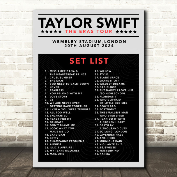 Taylor Swift - Concert Setlist Gig Poster Print Canvas Grey Black - Wembley London England - Aug 20 2024