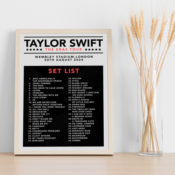 Taylor Swift - Concert Setlist Gig Poster Print Canvas Grey Black - Wembley London England - Aug 20 2024