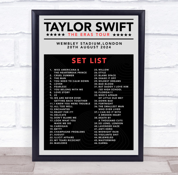 Taylor Swift - Concert Setlist Gig Poster Print Canvas Grey Black - Wembley London England - Aug 20 2024