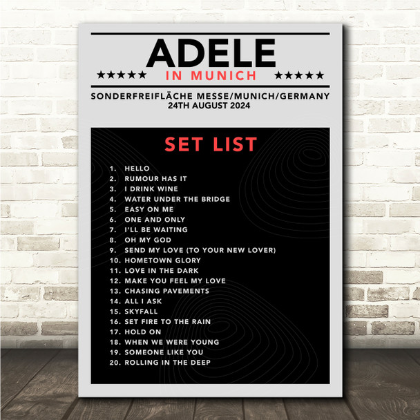 Adele - Concert Setlist Poster Print Canvas Grey Black - Sonderfreifläche Messe - Aug 24th 2024