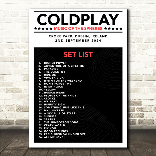 Coldplay - Concert Setlist Gig Poster Print Canvas Black White Red - Croke Park Dublin Ireland - Sept 2nd 2024