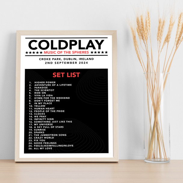 Coldplay - Concert Setlist Gig Poster Print Canvas Black White Red - Croke Park Dublin Ireland - Sept 2nd 2024