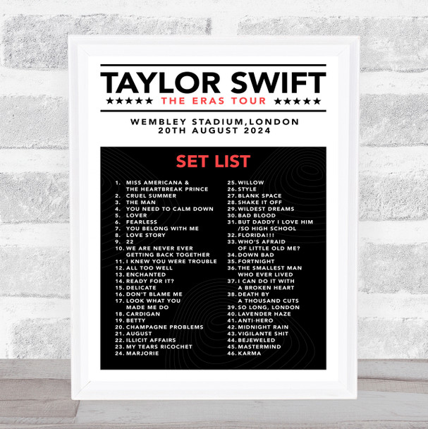 Taylor Swift - Concert Setlist Gig Poster Print Canvas Black White Red - Wembley London England - Aug 20 2024