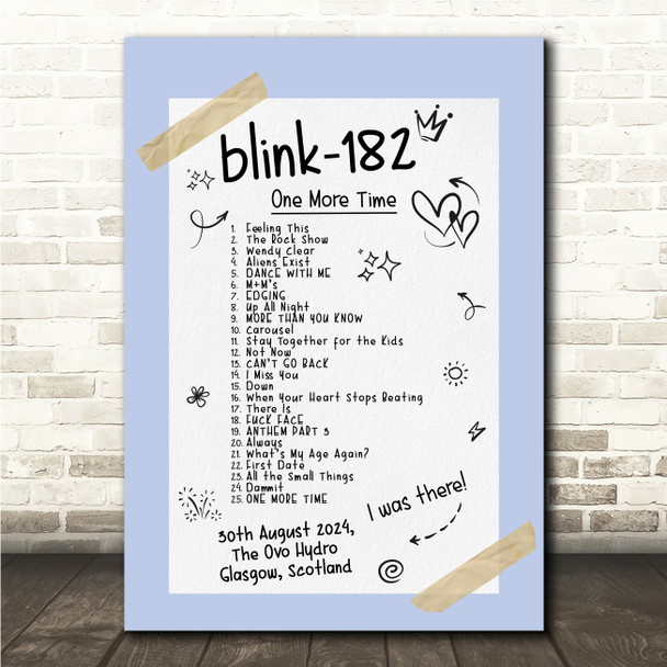 Blink-182 - Concert Setlist Gig Poster Print Canvas Blue Doodle - The OVO Hydro Glasgow Scotland - Aug 30th 2024
