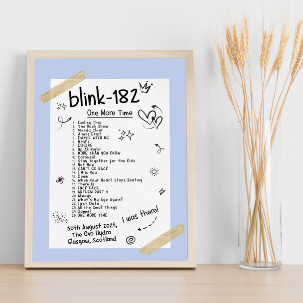 Blink-182 - Concert Setlist Gig Poster Print Canvas Blue Doodle - The OVO Hydro Glasgow Scotland - Aug 30th 2024