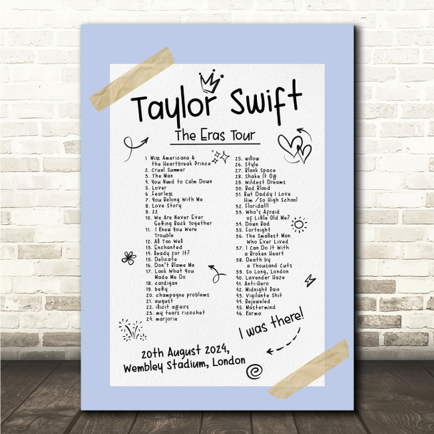 Taylor Swift - Concert Setlist Gig Poster Print Canvas Blue Doodle - Wembley London England - Aug 20 2024