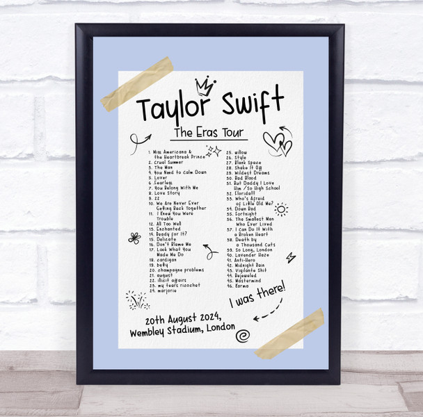 Taylor Swift - Concert Setlist Gig Poster Print Canvas Blue Doodle - Wembley London England - Aug 20 2024