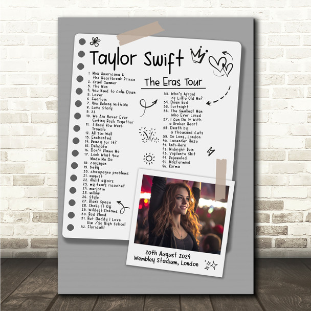 Taylor Swift - Concert Setlist Gig Poster Print Canvas Doodle Photo Grey - Wembley London England - Aug 20 2024