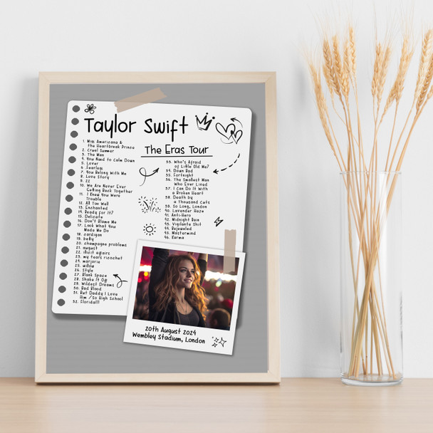 Taylor Swift - Concert Setlist Gig Poster Print Canvas Doodle Photo Grey - Wembley London England - Aug 20 2024
