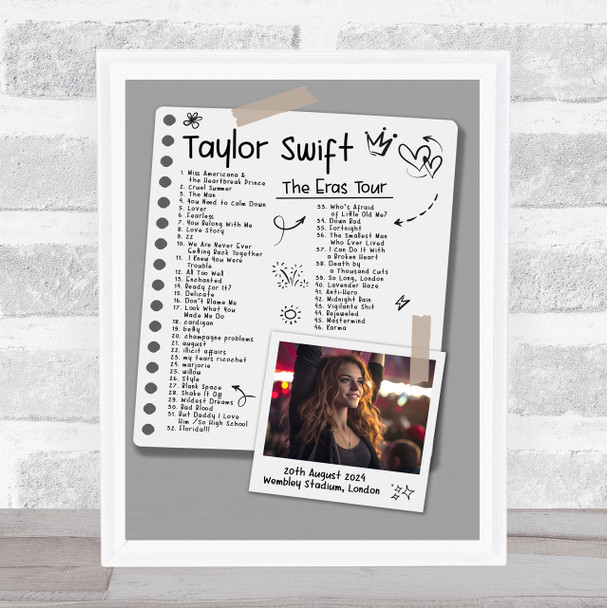 Taylor Swift - Concert Setlist Gig Poster Print Canvas Doodle Photo Grey - Wembley London England - Aug 20 2024