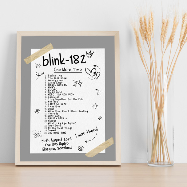 Blink-182 - Concert Setlist Gig Poster Print Canvas Grey Doodle - The OVO Hydro Glasgow Scotland - Aug 30th 2024