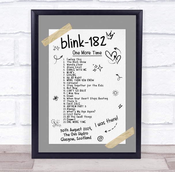 Blink-182 - Concert Setlist Gig Poster Print Canvas Grey Doodle - The OVO Hydro Glasgow Scotland - Aug 30th 2024