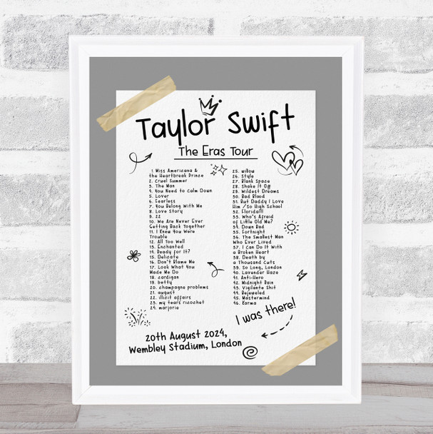 Taylor Swift - Concert Setlist Gig Poster Print Canvas Grey Doodle - Wembley London England - Aug 20 2024