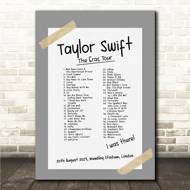 Taylor Swift - Concert Setlist Gig Poster Print Canvas Grey Tape - Wembley London England - Aug 20 2024