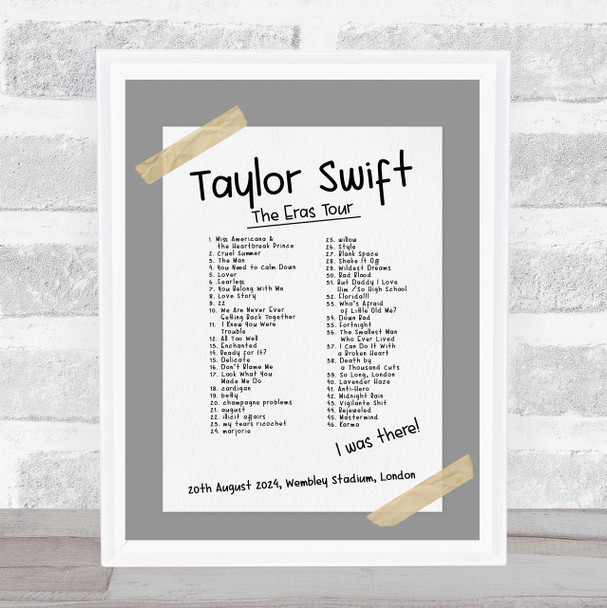 Taylor Swift - Concert Setlist Gig Poster Print Canvas Grey Tape - Wembley London England - Aug 20 2024