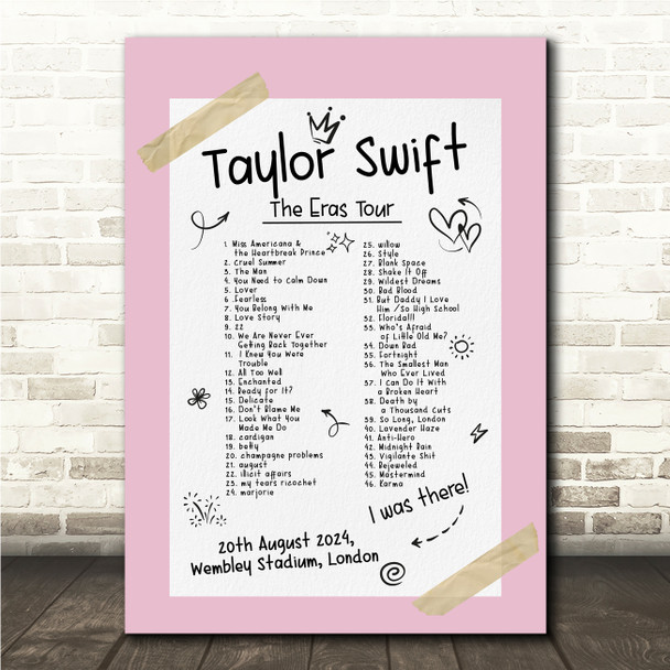 Taylor Swift - Concert Setlist Gig Poster Print Canvas Pink Doodle - Wembley London England - Aug 20 2024