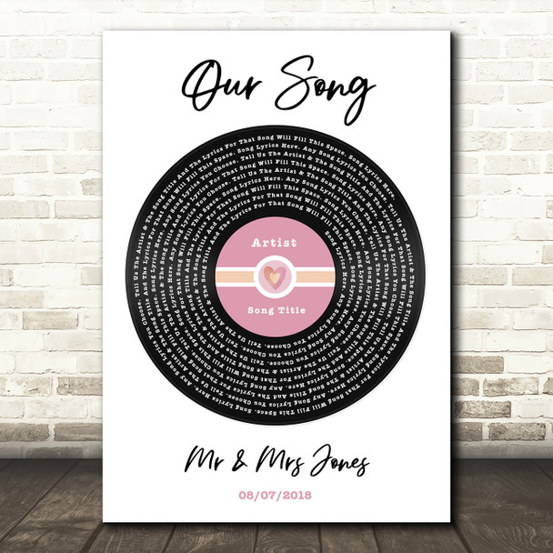 Pink Heart Vinyl Record Label Any Song Lyric Personalised Music Wall Art Print