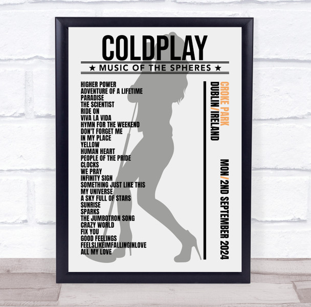Coldplay - Concert Setlist Gig Poster Print Canvas Female Grey - Croke Park Dublin Ireland - Sept 2nd 2024
