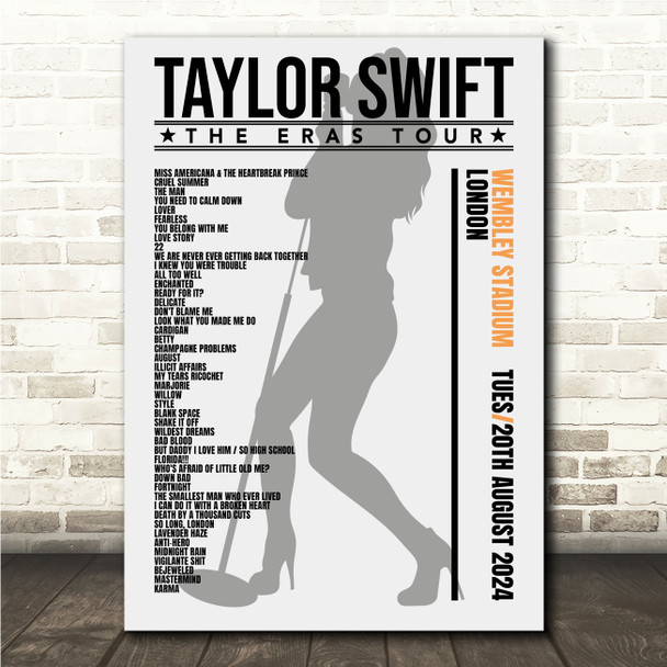 Taylor Swift - Concert Setlist Gig Poster Print Canvas Female Grey - Wembley London England - Aug 20 2024