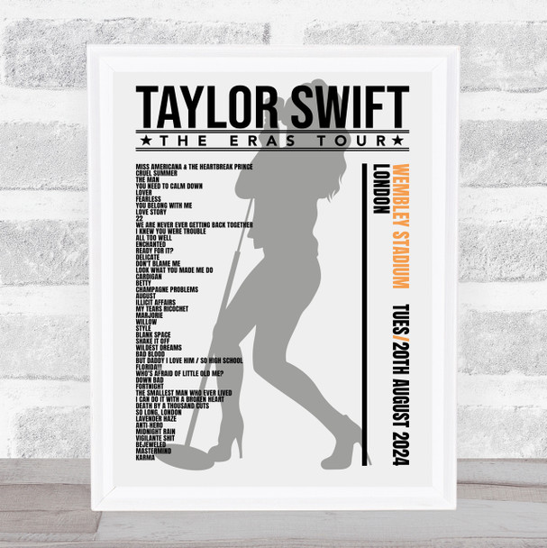 Taylor Swift - Concert Setlist Gig Poster Print Canvas Female Grey - Wembley London England - Aug 20 2024