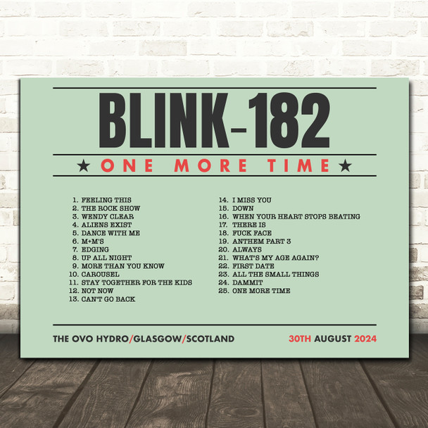 Blink-182 - Concert Setlist Gig Poster Print Canvas Green Landscape - The OVO Hydro Glasgow Scotland - Aug 30th 2024