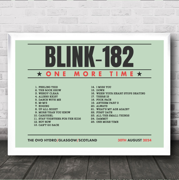 Blink-182 - Concert Setlist Gig Poster Print Canvas Green Landscape - The OVO Hydro Glasgow Scotland - Aug 30th 2024