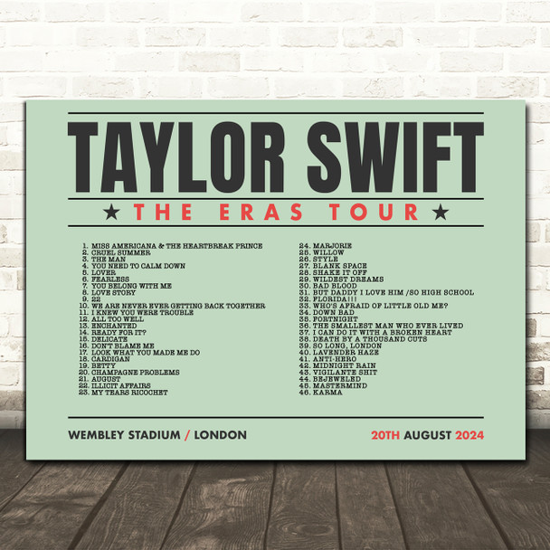 Taylor Swift - Concert Setlist Gig Poster Print Canvas Green Landscape - Wembley London England - Aug 20 2024