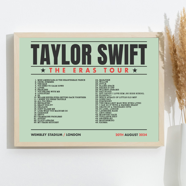 Taylor Swift - Concert Setlist Gig Poster Print Canvas Green Landscape - Wembley London England - Aug 20 2024