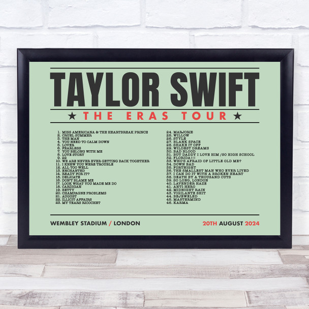 Taylor Swift - Concert Setlist Gig Poster Print Canvas Green Landscape - Wembley London England - Aug 20 2024