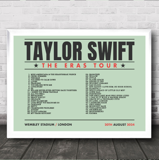 Taylor Swift - Concert Setlist Gig Poster Print Canvas Green Landscape - Wembley London England - Aug 20 2024