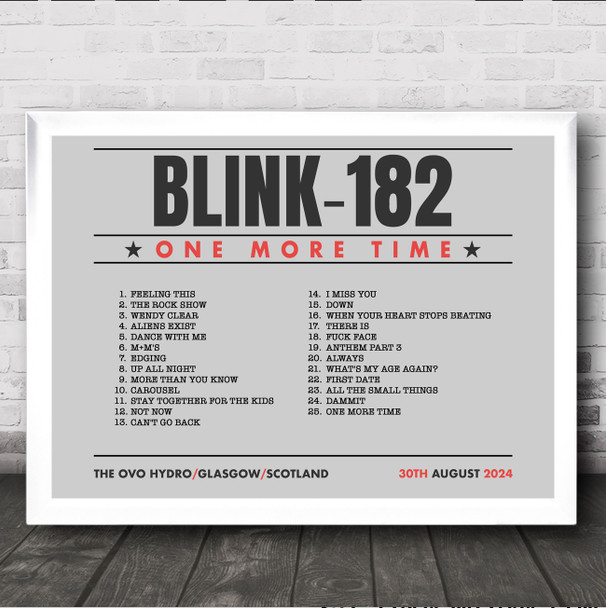 Blink-182 - Concert Setlist Gig Poster Print Canvas Grey Landscape - The OVO Hydro Glasgow Scotland - Aug 30th 2024