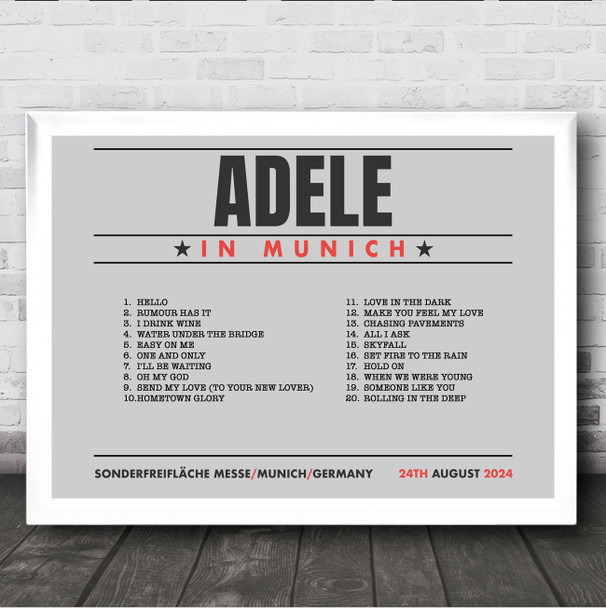 Adele - Concert Setlist Poster Print Canvas Grey Landscape - Sonderfreifläche Messe - Aug 24th 2024