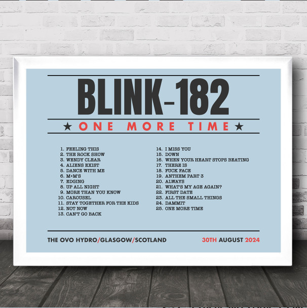 Blink-182 - Concert Setlist Gig Poster Print Canvas Blue Landscape - The OVO Hydro Glasgow Scotland - Aug 30th 2024