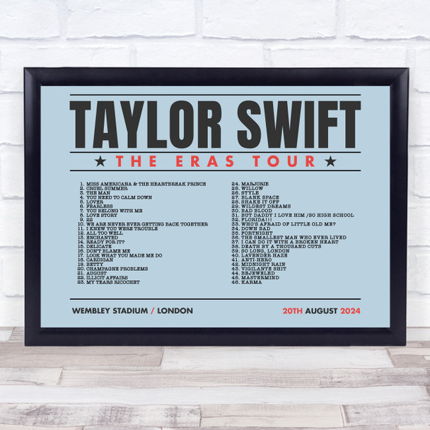 Taylor Swift - Concert Setlist Gig Poster Print Canvas Blue Landscape - Wembley London England - Aug 20 2024
