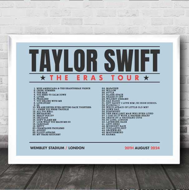 Taylor Swift - Concert Setlist Gig Poster Print Canvas Blue Landscape - Wembley London England - Aug 20 2024