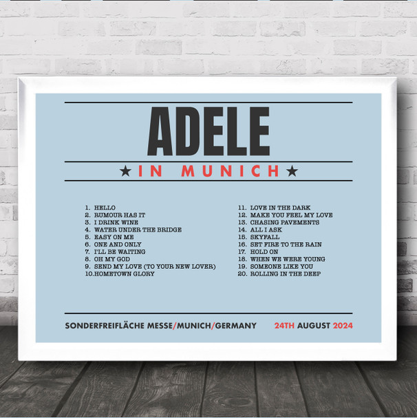 Adele - Concert Setlist Poster Print Canvas Blue Landscape - Sonderfreifläche Messe - Aug 24th 2024