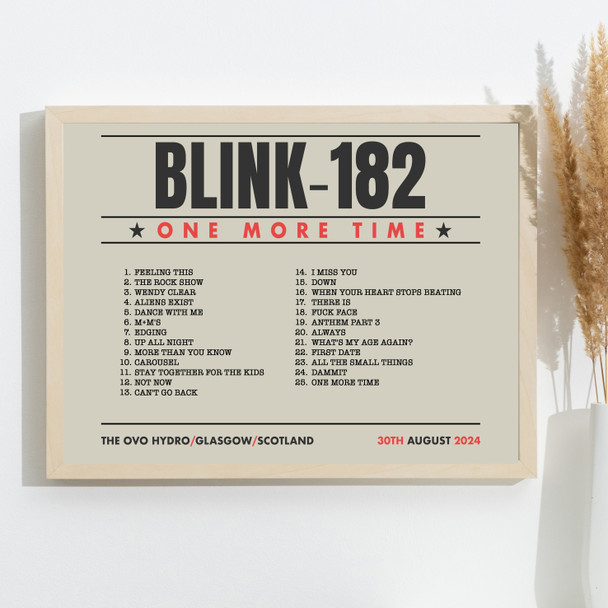Blink-182 - Concert Setlist Gig Poster Print Canvas Taupe Landscape - The OVO Hydro Glasgow Scotland - Aug 30th 2024