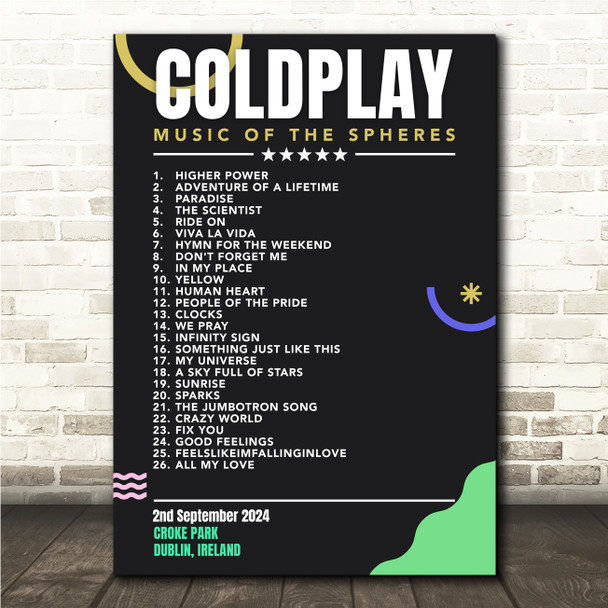 Coldplay - Concert Setlist Gig Poster Print Canvas Black Green - Croke Park Dublin Ireland - Sept 2nd 2024