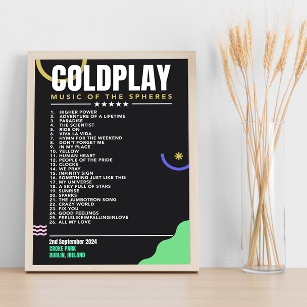 Coldplay - Concert Setlist Gig Poster Print Canvas Black Green - Croke Park Dublin Ireland - Sept 2nd 2024