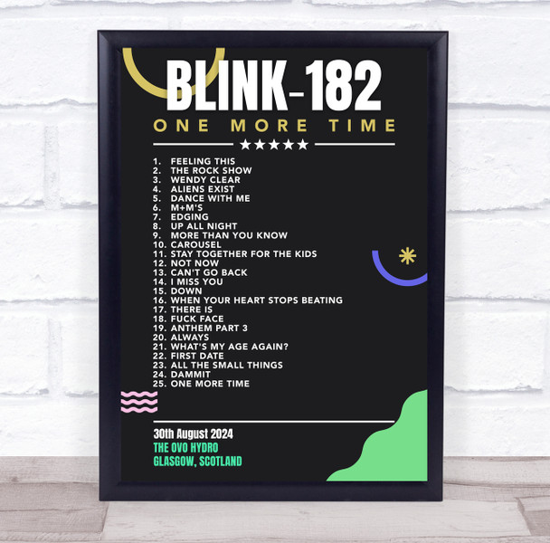 Blink-182 - Concert Setlist Gig Poster Print Canvas Black Green - The OVO Hydro Glasgow Scotland - Aug 30th 2024