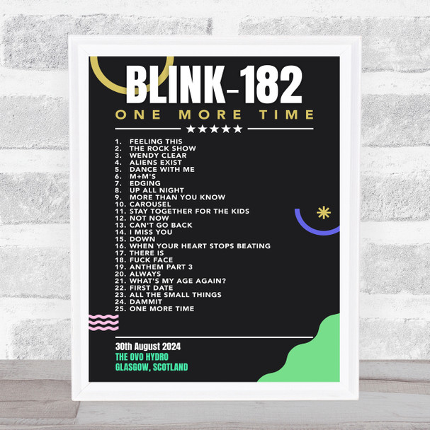 Blink-182 - Concert Setlist Gig Poster Print Canvas Black Green - The OVO Hydro Glasgow Scotland - Aug 30th 2024