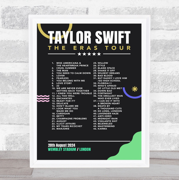 Taylor Swift - Concert Setlist Gig Poster Print Canvas Black Green - Wembley London England - Aug 20 2024