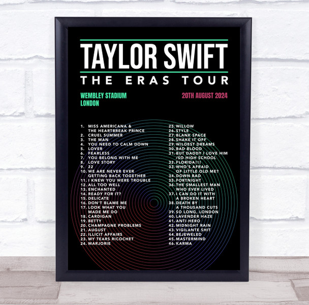 Taylor Swift - Concert Setlist Gig Poster Print Canvas Black - Wembley London England - Aug 20 2024