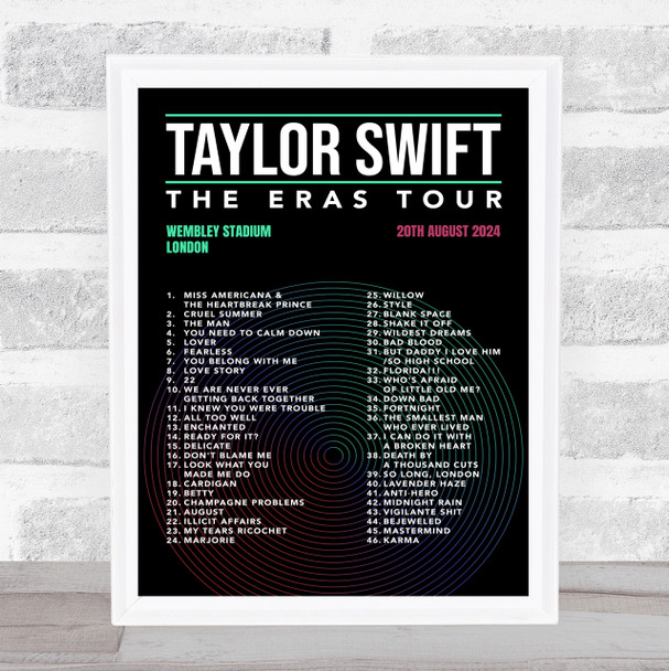 Taylor Swift - Concert Setlist Gig Poster Print Canvas Black - Wembley London England - Aug 20 2024
