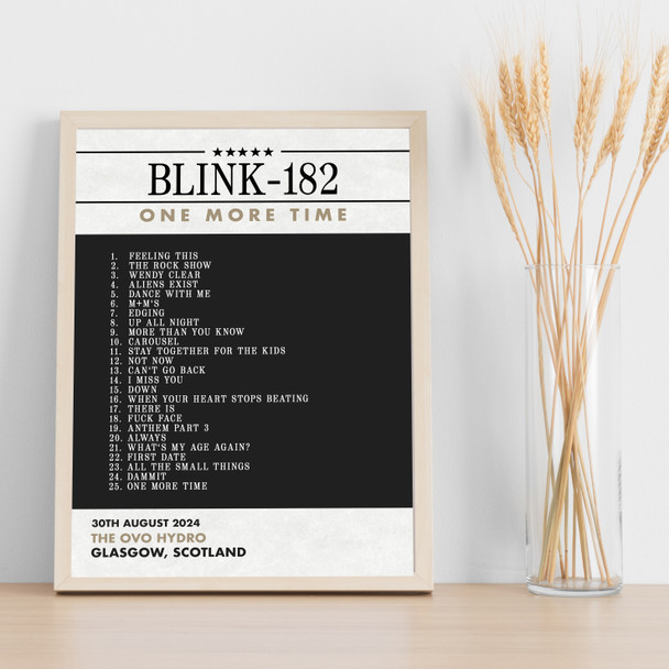Blink-182 - Concert Setlist Gig Poster Print Canvas Black Grey - The OVO Hydro Glasgow Scotland - Aug 30th 2024
