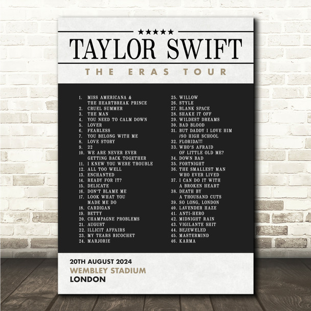 Taylor Swift - Concert Setlist Gig Poster Print Canvas Black Grey - Wembley London England - Aug 20 2024